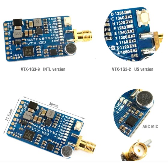 Matek System Mateksys VRX-1G3-V2 VTX-1G3 1.3GHz Video 2CH 9CH 9CH Wid Band RC Drone Long Range G0ggles